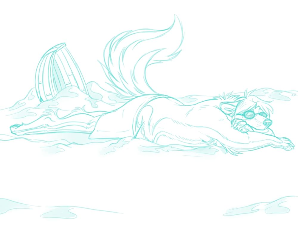 Garrett, my werewolf, lying stomach down on the beach, sunbathing. There is an upturned boat behind him.