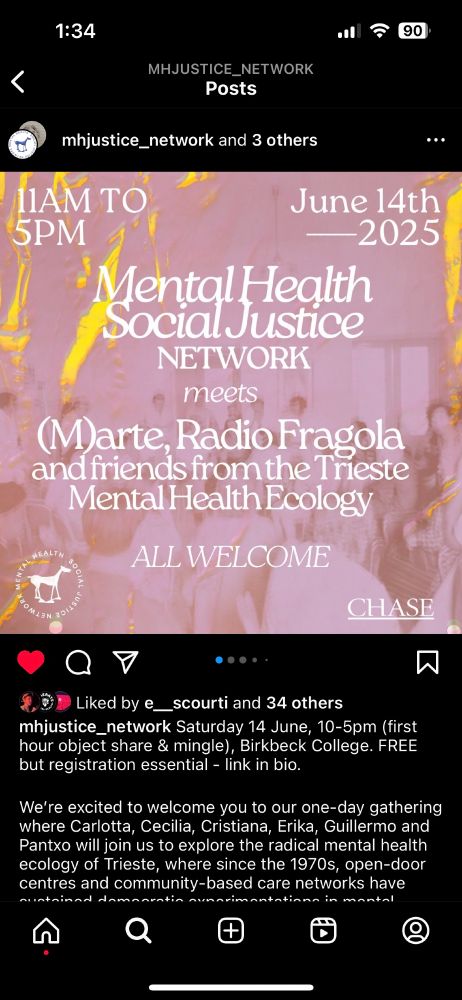 Image from Mental Health and Social Justice Network's Instagram with the details of the event 11am - 5pm at Birkbeck, London. 