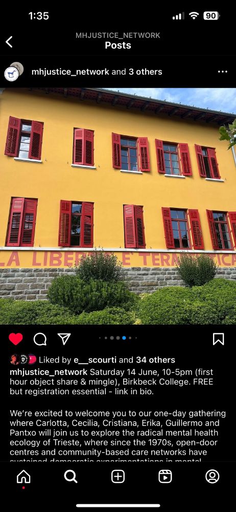 Image from Mental Health and Social Justice Network's Instagram with the details of the event 11am - 5pm at Birkbeck, London. Image of the Trieste yellow building.