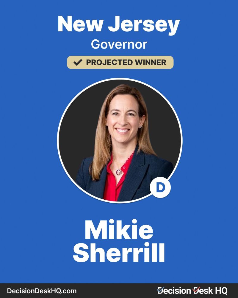 Screenshot of DecisionDeskHQ’s announcement that Mikie Sherrill will be the next governor of New Jersey