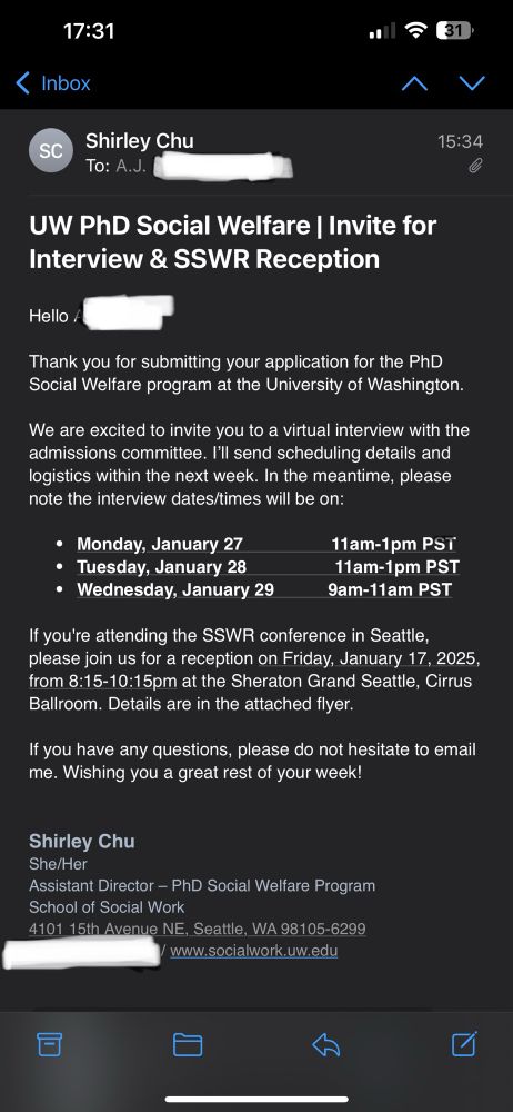 Screenshot of an email inviting me to interview for a PhD program