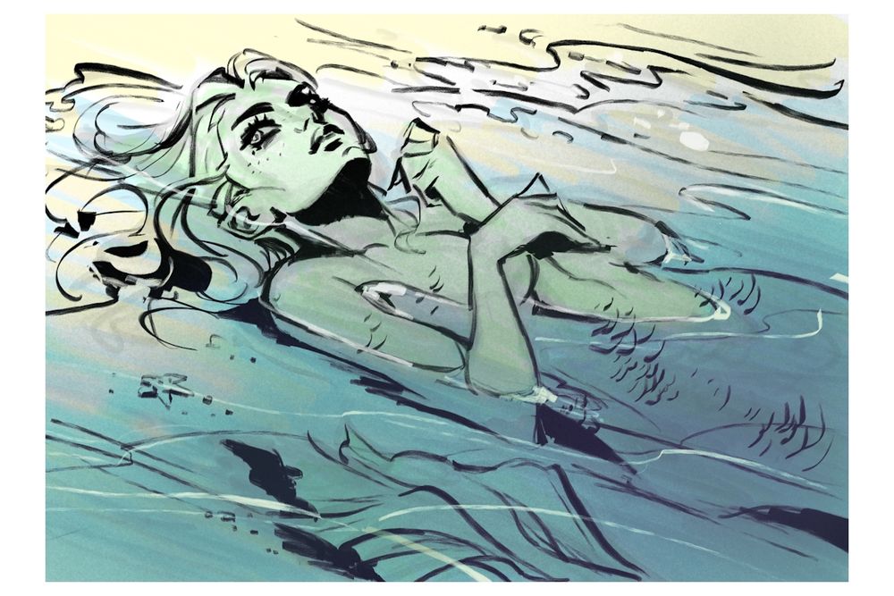 A rough drawing of a green mermaid swept up a bit on the beach but still in the water. Looking to the left outside of frame. 