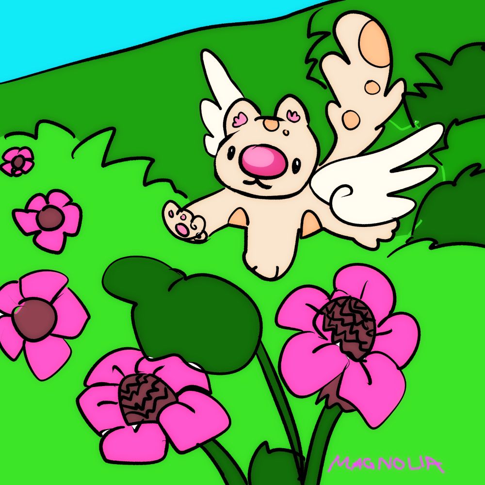 an animal that resembles a cat with wings is playing in grass and echinachea flowers