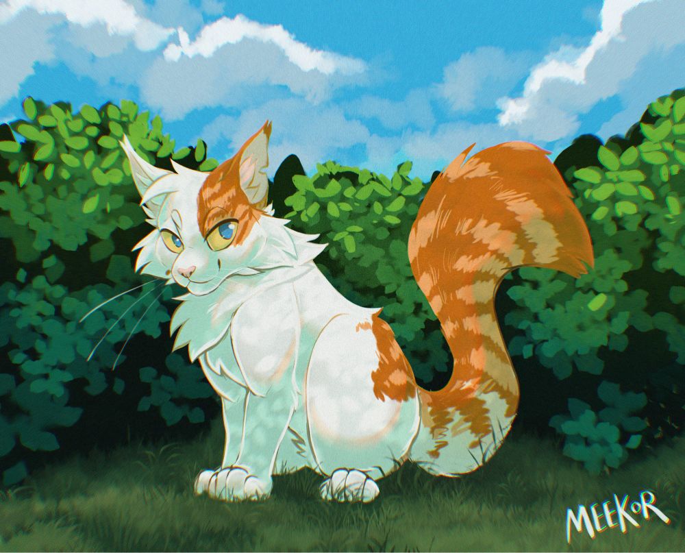 An illustration of a white Cat with orange tabby spots sitting in front of a hedge