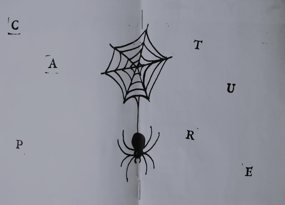 A white landscape page has a doodle of a spider in the middle and is surrounded by stamped letters that spell out 'Capture.'
