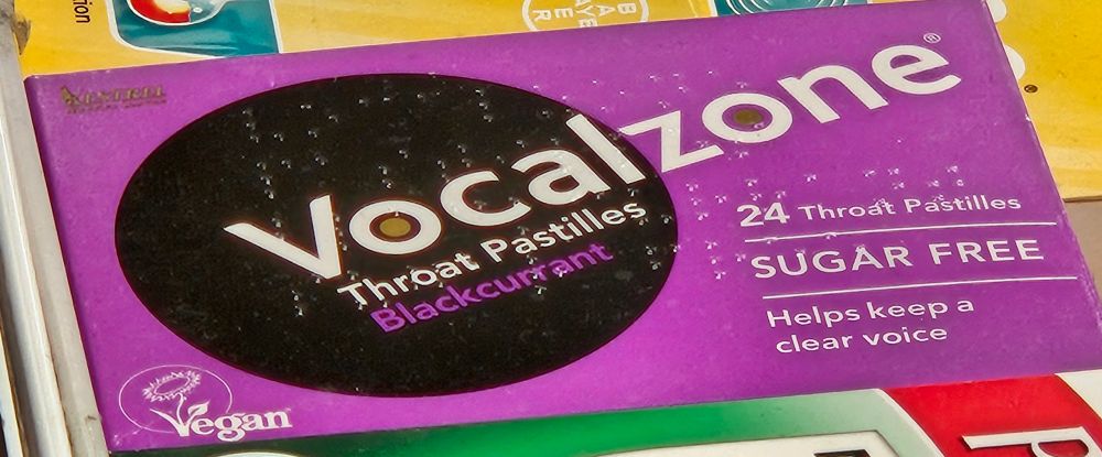 Picture of a packet of "Vocalzone" throat pastilles 