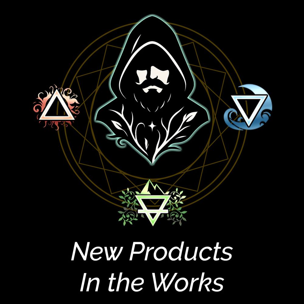 A hooded mage with a beard surrounded by elemental signs for Fire, Earth, and Water.  With the text below saying New Products in the works.