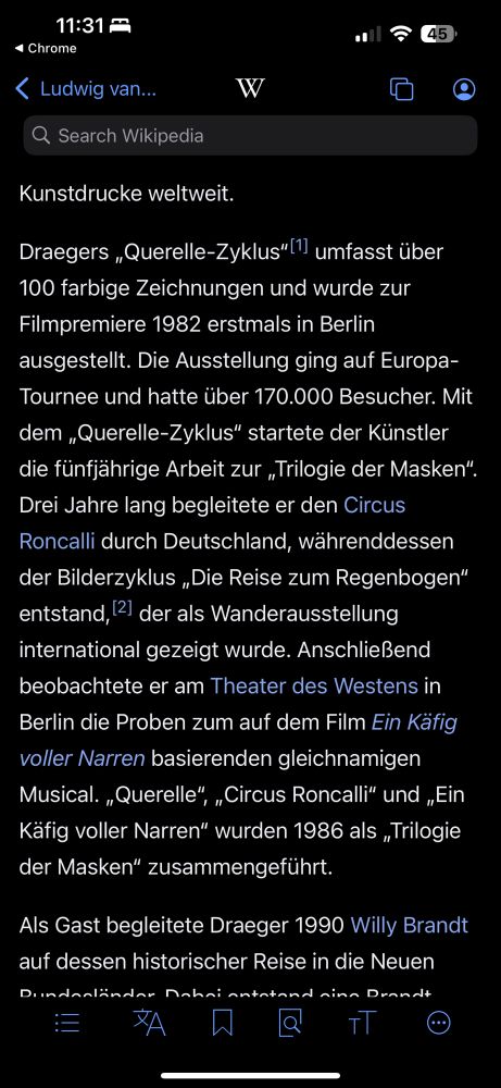Draegers „Querelle-Zyklus“[1] umfasst über 100 farbige Zeichnungen und wurde zur Filmpremiere 1982 erstmals in Berlin ausgestellt. Die Ausstellung ging auf Europa-Tournee und hatte über 170.000 Besucher. Mit dem „Querelle-Zyklus“ startete der Künstler die fünfjährige Arbeit zur „Trilogie der Masken“. Drei Jahre lang begleitete er den Circus Roncalli durch Deutschland, währenddessen der Bilderzyklus „Die Reise zum Regenbogen“ entstand,[2] der als Wanderausstellung international gezeigt wurde. Anschließend beobachtete er am Theater des Westens in Berlin die Proben zum auf dem Film Ein Käfig voller Narren basierenden gleichnamigen Musical. „Querelle“, „Circus Roncalli“ und „Ein Käfig voller Narren“ wurden 1986 als „Trilogie der Masken“ zusammengeführt.
Als Gast begleitete Draeger 1990 Willy Brandt auf dessen historischer Reise in die Neuen Bundesländer. 