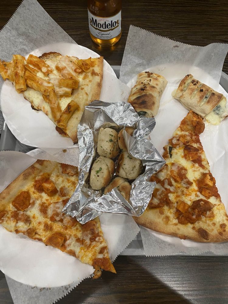 pizza, garlic knots and stromboli 