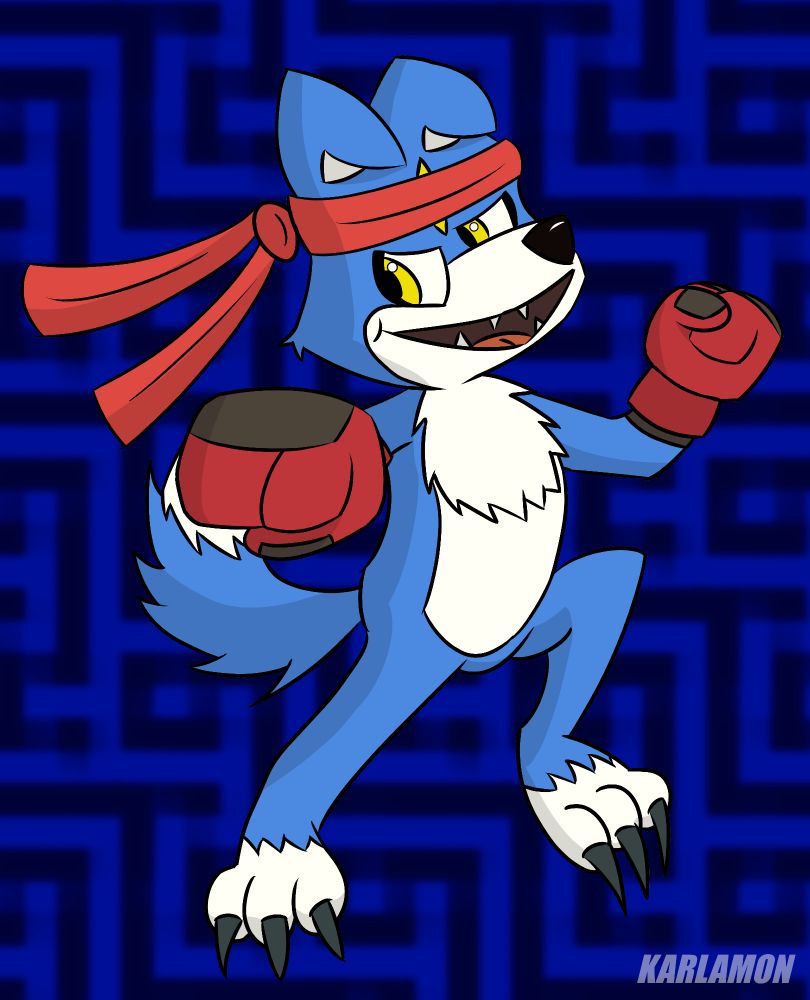 My digital drawing of Gaomon from 'Digimon Data Squad', a blue akita with red boxing gloves delivering a punch.