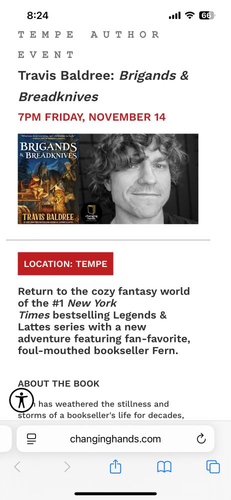TEMPE AUTHOR EVENT changing hands bookstore 
Travis Baldree: Brigands & Breadknives
7PM FRIDAY, NOVEMBER 14
Kasie West
LOCATION: TEMPE



Return to the cozy fantasy world of the #1 New York Times bestselling Legends & Lattes series with a new adventure featuring fan-favorite, foul-mouthed bookseller Fern