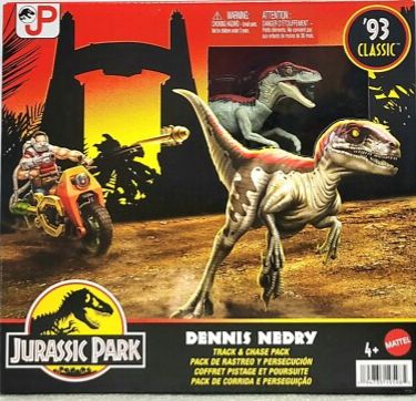 Dennis Nedry action figure. He’s riding a motorcycle chasing a velociraptor 