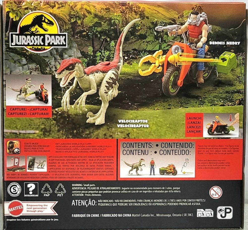 Dennis Nedry action figure. He’s riding a motorcycle chasing a velociraptor 