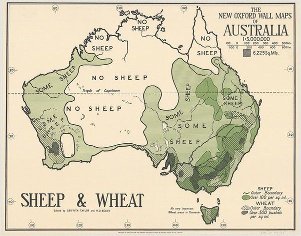 Sheep & Wheat map of Australia. Green areas have "some sheep" while white ones have "no sheep"