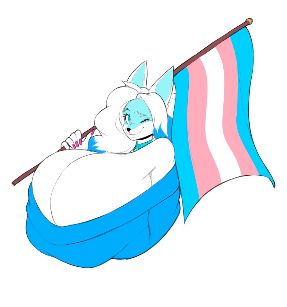 Ariana holding the Transgender Flag in a Proud Stance winking toward the Viewer