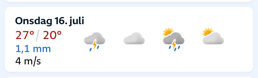 Værmelding som viser 27 grader på det høyeste (uff) men lyn!! Og TORDEN nesten hele dagen
