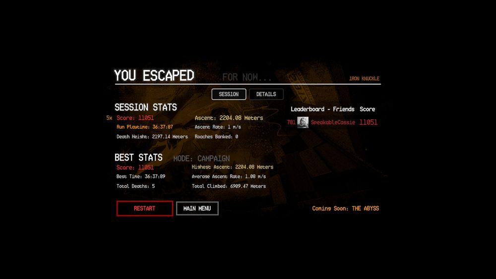 A White Knuckle Iron Knuckle Campaign Mode victory screen with a 781st place leaderboard score.

Session Stats;
Score: 11051
Ascent: 2204.08 Meters
Run Playtime: 36:37:87
Ascent Rate: 1 m/s
Death Height: 2197.14 Meters
Roaches Banked: 0

Best Stats (Mode: Campaign + Iron Knuckle);
Score: 11051
Highest Ascent: 2204.08 Meters
Best Time: 36:37:89
Average Ascent Rate: 1.08 m/s
Total Deaths: 5
Total Climbed: 6909.47 Meters