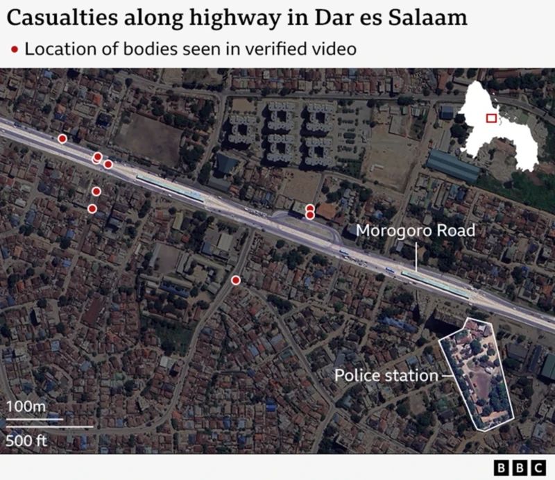 BBC graphic illustration showing the position of bodies seen along Morogoro Road, Dar es Salaam, Tanzania, and their relation to a police station.