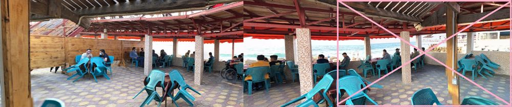 Rough panorama from Google Maps / Photos photosphere of al-Baqa cafe, Gaza City, with section to the right-hand side marked with pink box and cross.