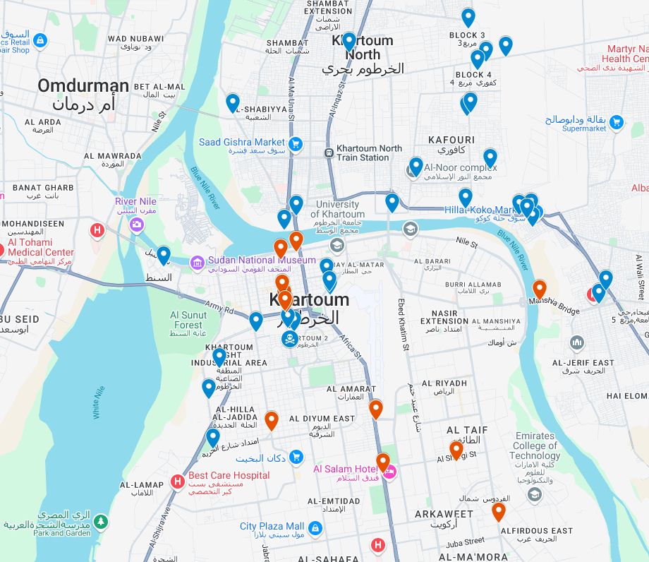 Screengrab of a Google MyMaps of locations in Khartoum, including Khartoum North and Omdurman. Blue markers are SAF, red markers are RSF.