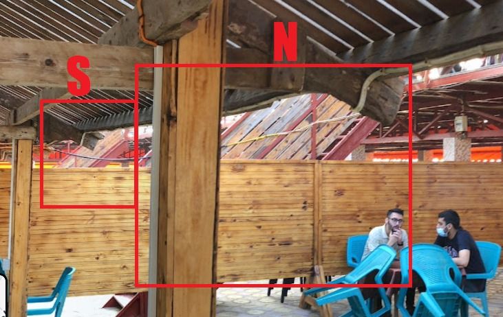 Screengrab from photosphere of the al-Baqa cafe, Gaza City, on Google Maps / Photos. Two sets of stairs have been highlighted and marked with an N and an S.