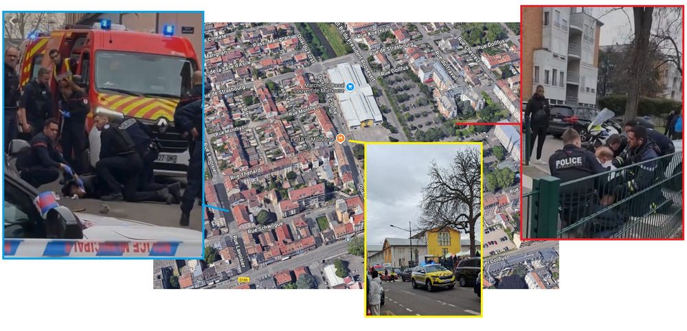 An image of police attending to a man lying on the ground, an image of Mulhouse market, and an image of a man sitting down with a police officer and a paramedic attending to him, each highlighted and pointing to a different position on a Google Maps image of Mulhouse.