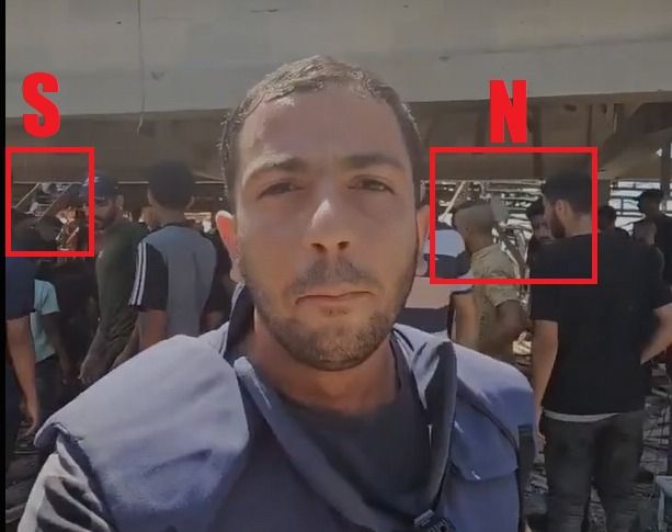 Screengrab from video by al Jazeera journalist Anas al Sharif, at al-Baqa cafe, Gaza City, 30 June 2025. Two sets of stairs have been highlighted in red and marked N and S.