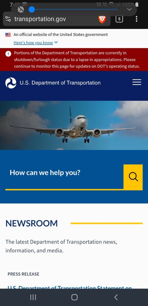U.S. Department of Transportation website with the header:
Portions of the Department of Transportation are currently in shutdown/furlough status due to a lapse in appropriations. Please continue to monitor this page for updates on DOT’s operating status.