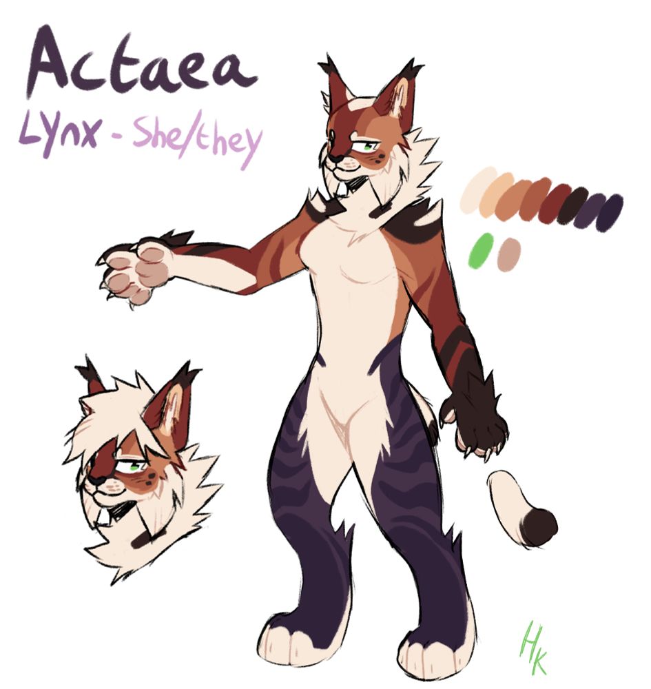 A digital drawing of an anthro orange- and purple-colored Lynx.