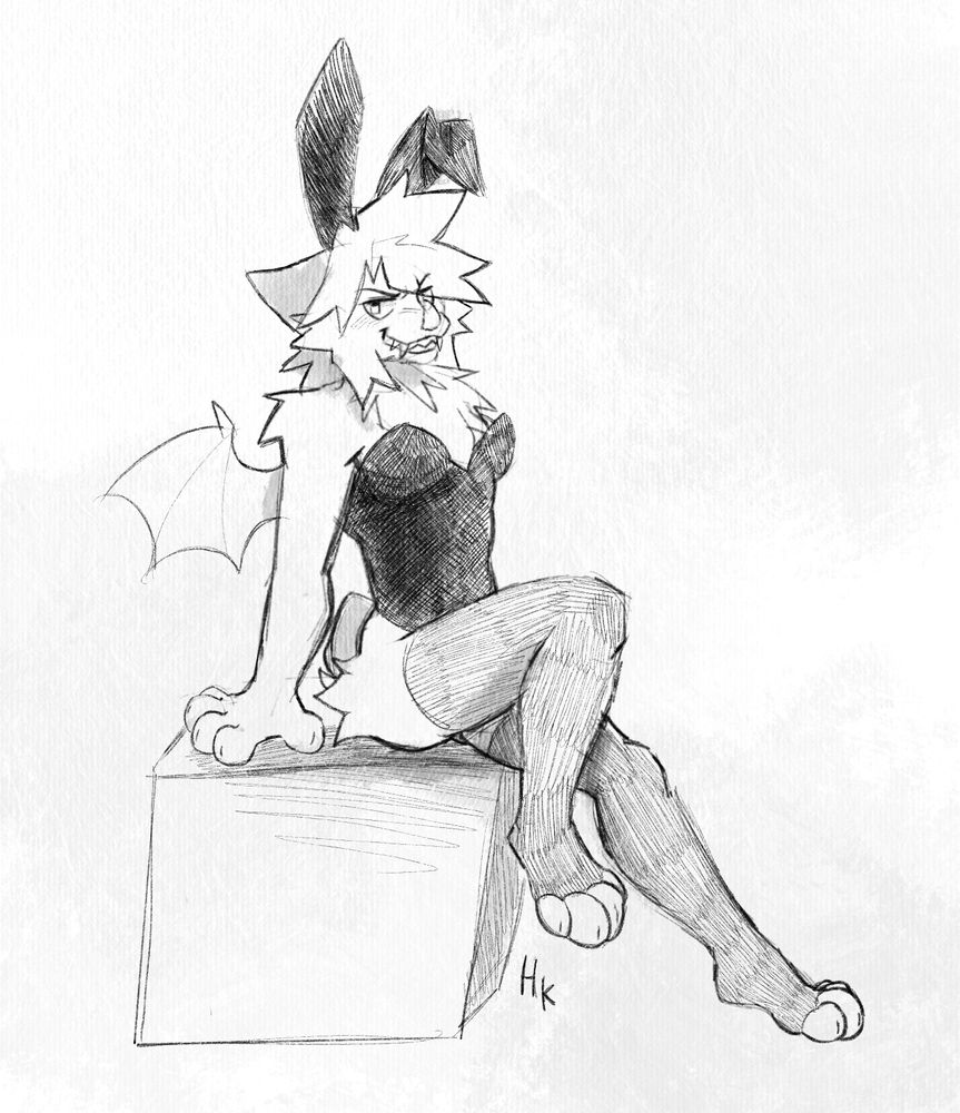 A sketchy monochrome drawing of a fluffy dragon with a bunny outfit sitting on a cube.