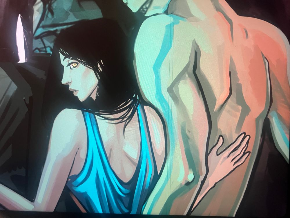 A shot of my WIP with a woman touching the back of a naga, turning her head to the audience with glowing golden eyes 