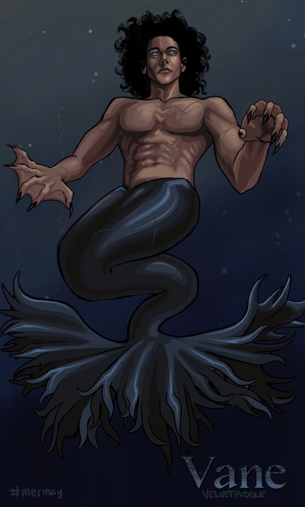 An image of a merman with claws and scarred skin, bright blue eyes, and black curls floating around his face as he reaches for the viewer