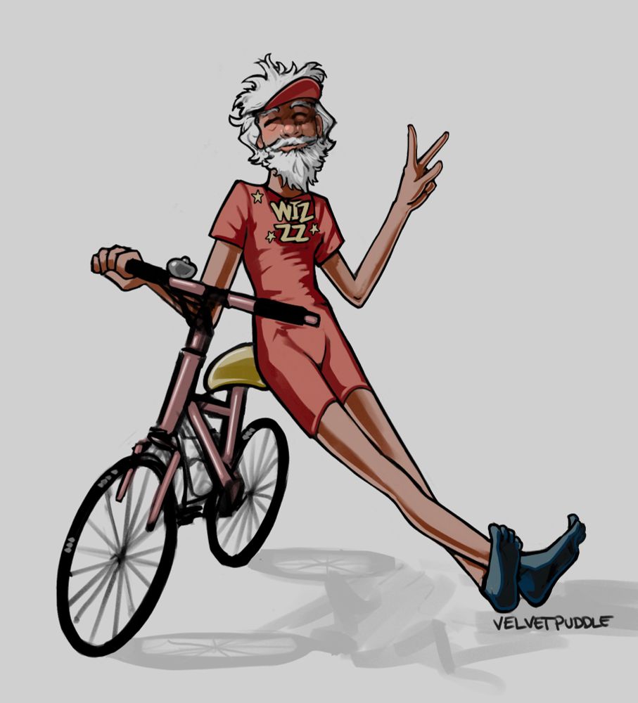 A digital drawing of the wizard Rincewind from Terry Pratchett’s discworld as a cyclist, smiling and offering the peace sign as he leans against his bike 