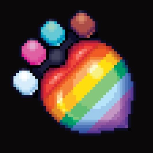 Pixel art paw print in the shape of a heart, in the colors of the pride flag.