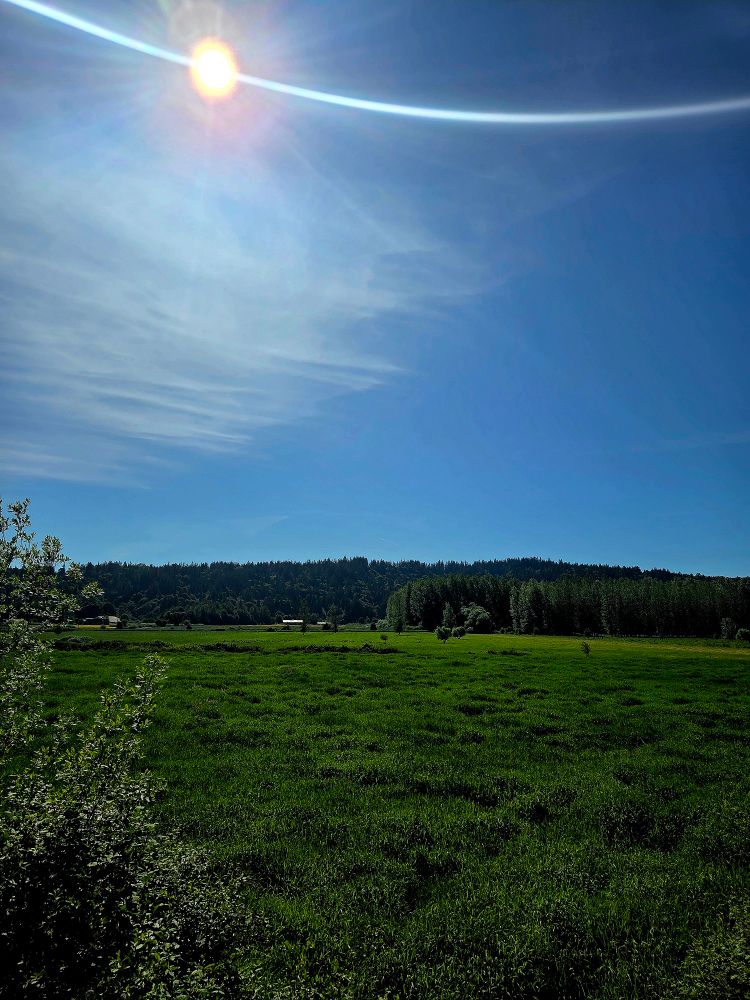 Photo of green fields in a valley with bright sun up above. Trees and farm houses in the distance.