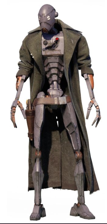 image of ND-5, the droid companion character from Star Wars: Outlaws. he is a tall roebit with a cowboy gunbelt and a long olive drab duster coat.