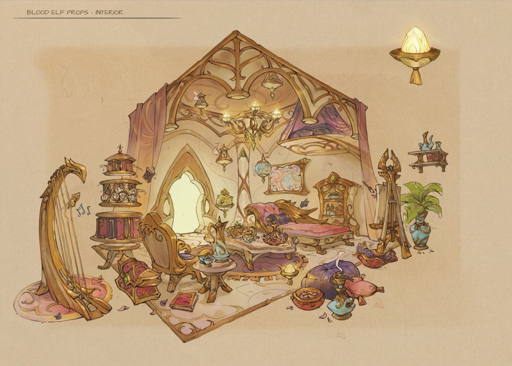 image of a piece of concept art labeled "Blood Elf Props - Interior", made by an artist with Blizzard Entertainment for the upcoming World of Warcraft expansion called Midnight. It shows a lavishly decorated little room full of furniture, books, art supplies, and other homey comforts, but all done in a gold-trimmed and bejeweled style.