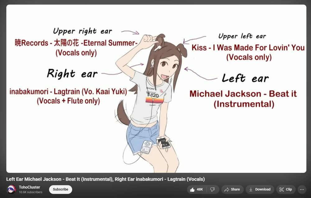 Screenshot of a youtube video which is essentially a mashup of "I Was Made For Lovin' You" by Kiss & "Beat It" by Michael Jackson in the left ear, while simultaneously playing "Taiyo no Hana - Eternal Summer" by Akatsuki Records mashed up with "Lagtrain" by Inabakumori in the right ear.