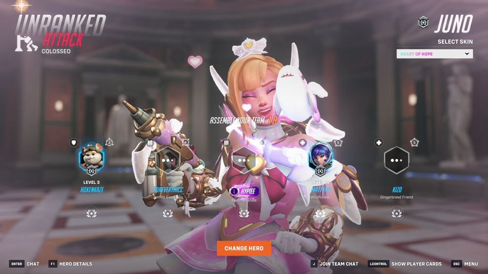 screenshot of the Overwatch character select screen. I've chosen the character Juno, with a character skin that makes her look like a magical girl with cute little glowing winged shark friends.