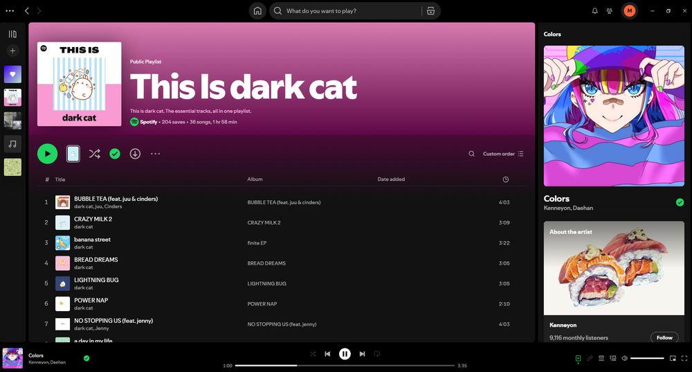 screenshot of my spotify, which is listening to cute poppy electro shit from an artist named dark cat.