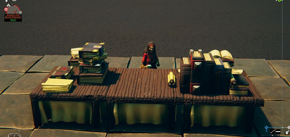Screenshot from the virtual tabletop Talespire, showing a small man with a jeweled staff standing next to a large bazaar table loaded with books and scrolls. This is Fimbus the Book Pervert.