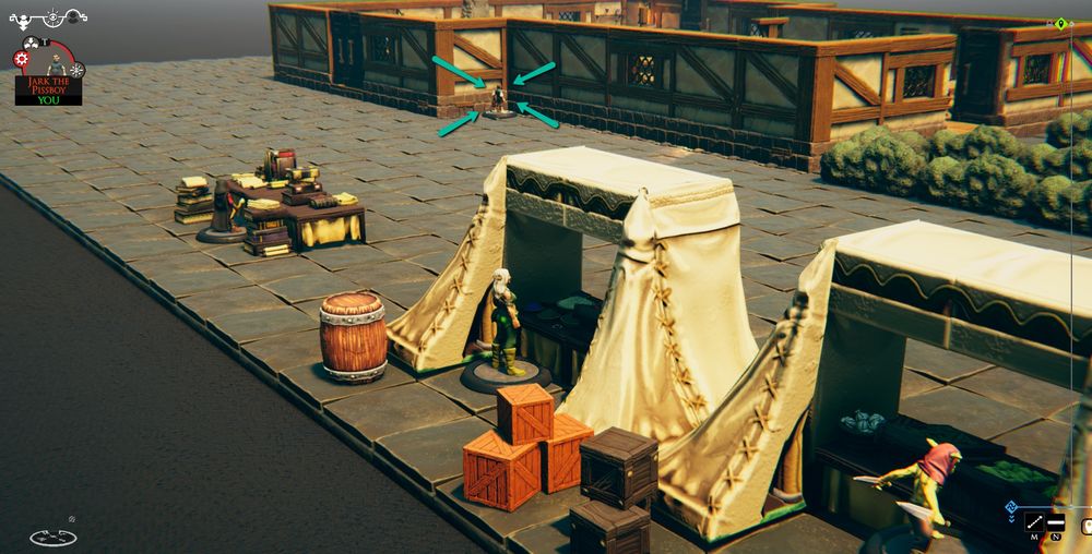 Another shot of Jark the Pissboy, showing his position relative to the bazaar outside the inn, where Fimbus the Book Pervert, Kelamiel the Spice Elf, and Antoine the Produce Goblin have set up shop.

I don't know why Jark the Pissboy is standing in that corner.