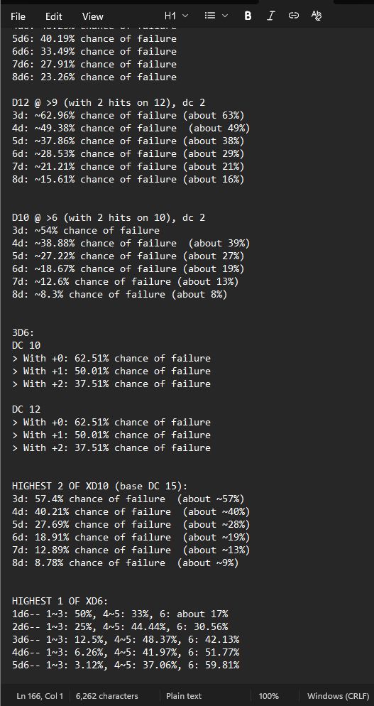 Screenshot of a notepad file containing dozens & dozens of lines of text comparing the statistical outcomes of different hands of dice of different sizes with different target numbers.