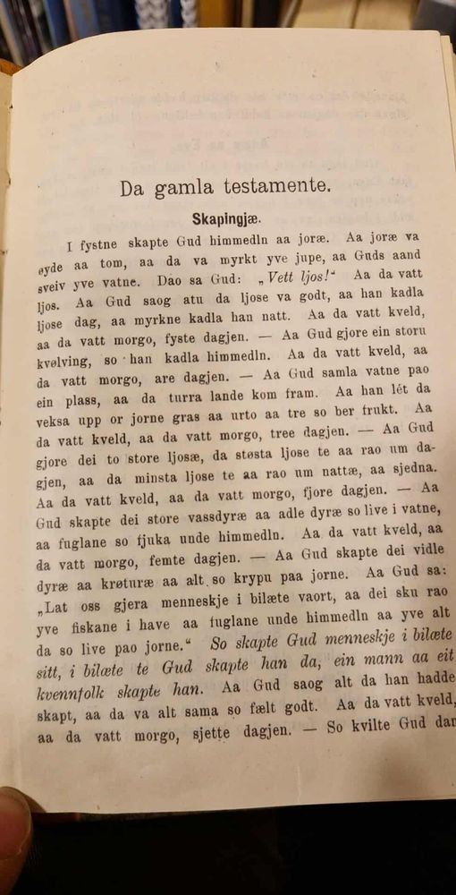 Da gamla testamente.
Skapingjæ.
I fystne skapte Gud himmedln aa joræ. Aa joræ va øyde aa tom, aa da va myrkt yve jupe, aa Guds aand sveiv yve vatne. Dao sa Gud: "Vett ljos!" Aa da vatt ljos."