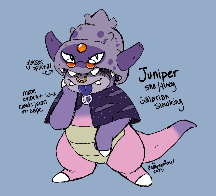 A galarian slowking with an orange gem on its forehead as well as well as small orange glasses. She has a cape with clouds and stars as well as a full moon brooch.