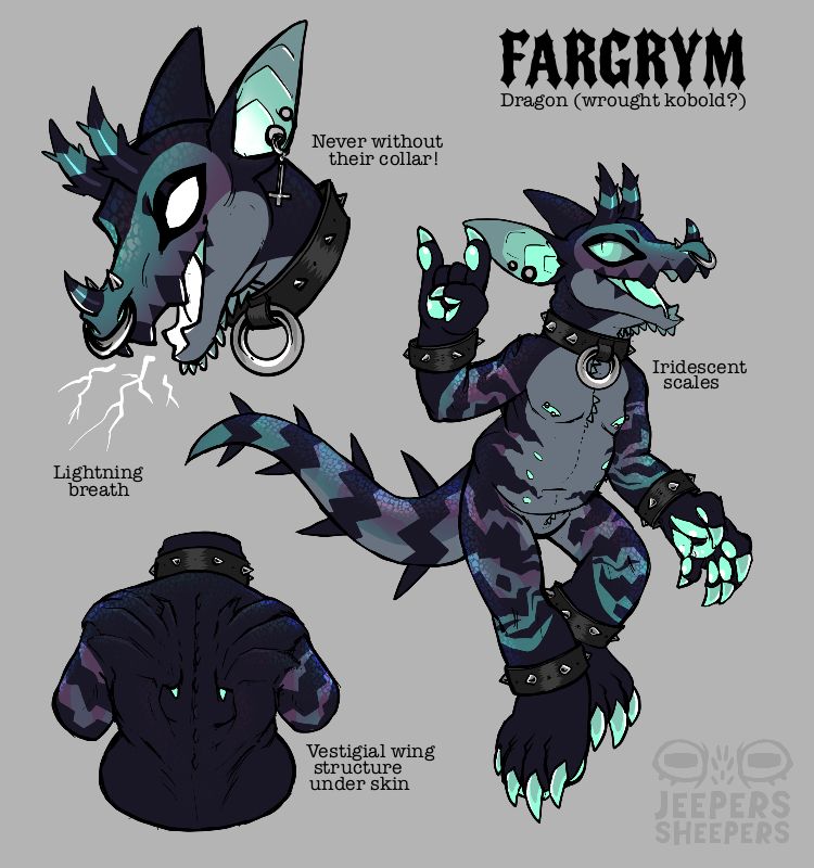 A reference of a cool colored kobold. They're pierced and wear leather spiked bands around their wrists and ankles, as well as a large spiked collar with an oversized o ring. They have dark stripes and iridescent scales as well as thorny horns and lines of spikes on their tail. A bust shows their mouth and eyes glowing white to showcase their lightning breath, and a back shot shows a strange vestigial wing structure on their back. The top reads in a gothic font "Fargrym, Dragon (wrought kobold?)."