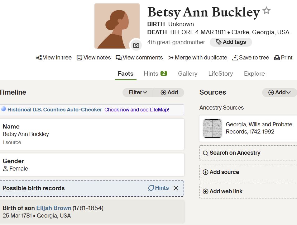 Snip of Betsy Buckley's profile showing 1 source attached
