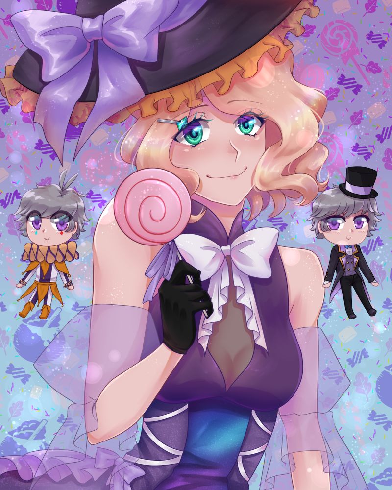 Anime style illustration of a blonde girl in a purple witch costume smiling and holding a lollipop while 2 small chibis in circus costumes float beside her. The background is a purple to blue gradient with Halloween candy and icons on it