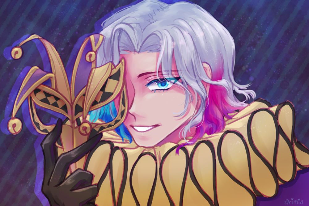 anime style illustration of a grey haired man in a golden and purple jester outfit