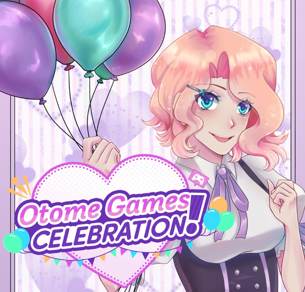 anime style illustration of a blonde girl smiling to the viewer and holding up balloons on a patterned purple background with purple hearts. at the bottom there's a logo that reads "Otome Games Celebration!" on top of a pink and purple outlined heart. balloons and party banners surround the logo.